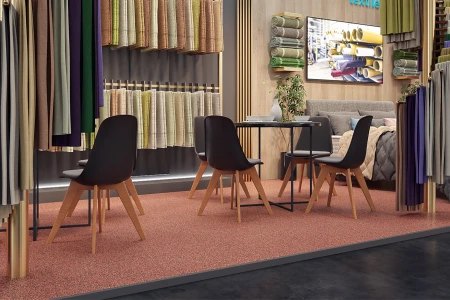 Tekstylia wewnętrzne Heimtextilien są prezentowane na eleganckim stoisku wystawienniczym. Dopasowana kolorystycznie podłoga wystawowa WARCO składa się z podłogi na zatrzask wykonanej z granulatu gumowego.