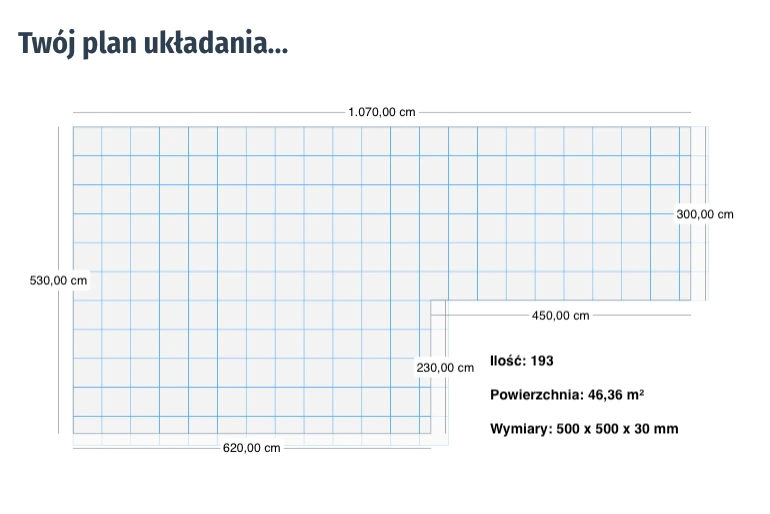 Indywidualny plan ułożenia tarasu z płyt WARCO. Można stworzyć kilka wariantów ułożenia. Plan można pobrać jako plik PDF.