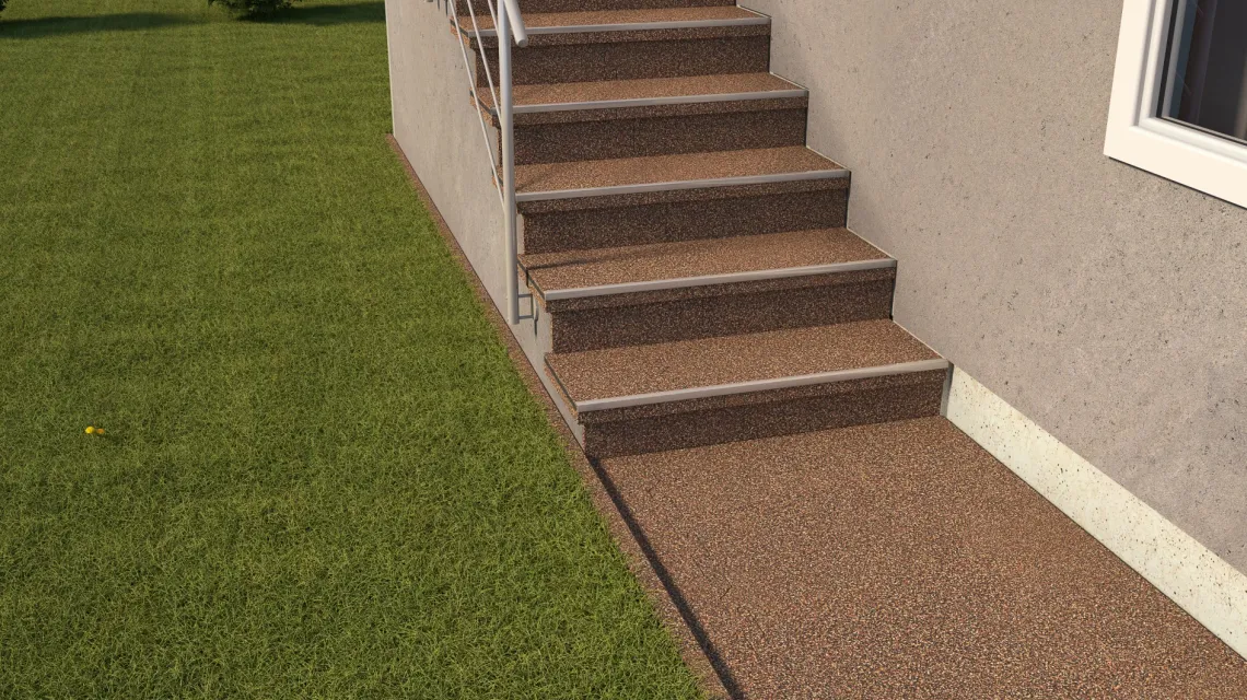 Beispielhafte Verlegung für den Artikel 0291 von WARCO - Nawierzchnia gumowa na schody, Farbton Caffè latte in der Abmessung 1000 x 1000 x 18 mm.