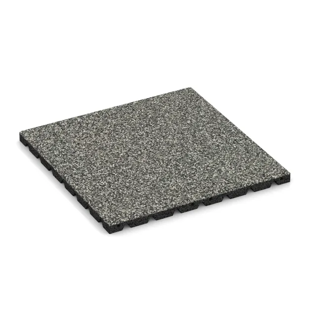 Płyta gumowa na plac zabaw von WARCO im Farbdesign Klasyczny granit mit den Abmessungen 500 x 500 x 30 mm. Produktfoto von Artikel 5328 in der Aufsicht von schräg vorne.