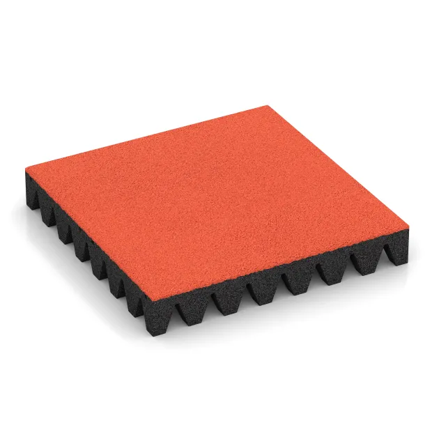 Płyta gumowa na plac zabaw von WARCO im Farbdesign Oranż mit den Abmessungen 500 x 500 x 80 mm. Produktfoto von Artikel 0724 in der Aufsicht von schräg vorne.