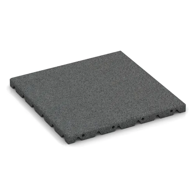 Płyta gumowa na plac zabaw von WARCO im Farbdesign Szary łupkowy mit den Abmessungen 400 x 400 x 30 mm. Produktfoto von Artikel 0523 in der Aufsicht von schräg vorne.