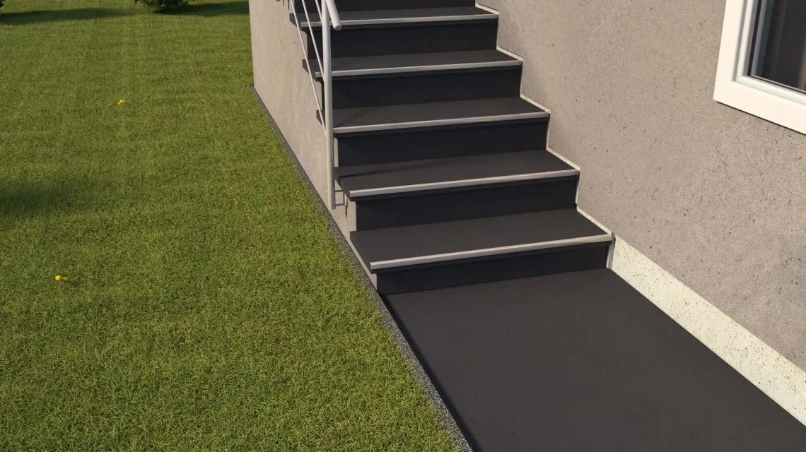 Beispielhafte Verlegung für den Artikel 0911 von WARCO - Płytka schodowa, Farbton Antracyt mat in der Abmessung 485 x 485 x 8 mm.