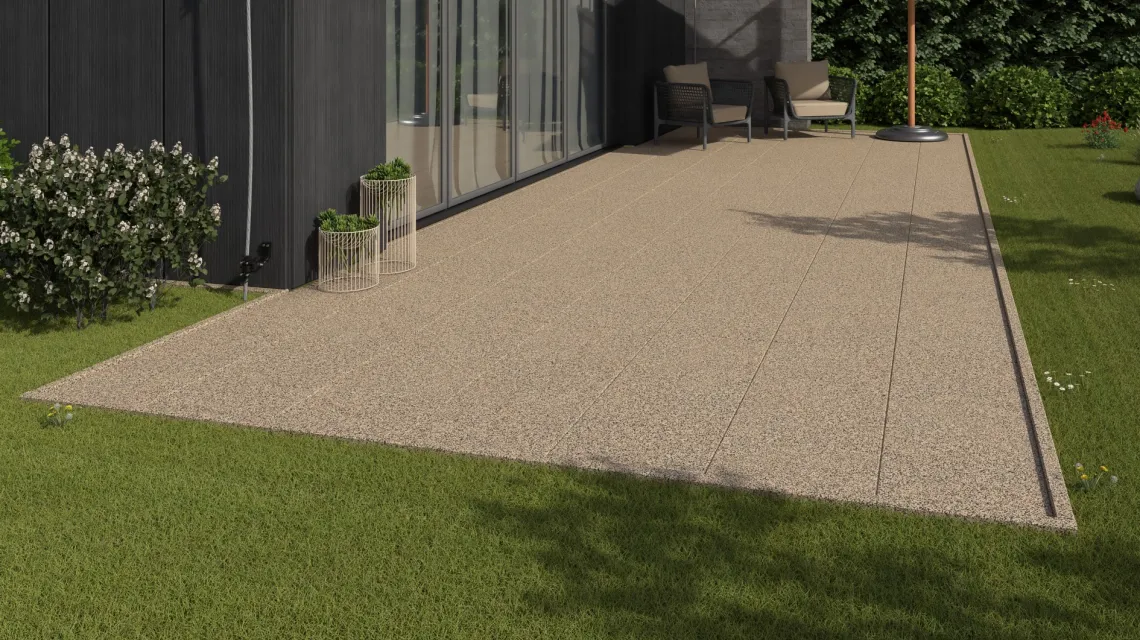 Beispielhafte Verlegung für den Artikel 1150 von WARCO - Płytka tarasowa Classic, Farbton Trawertyn in der Abmessung 500 x 500 x 30 mm.