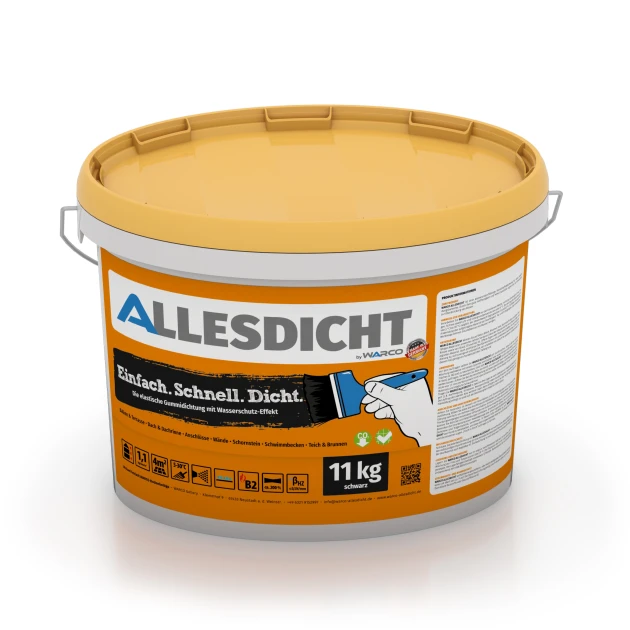 ALLESDICHT – Hydroizolacja von WARCO im Farbdesign Czarny mit den Abmessungen 11 kg | 3,3 m². Produktfoto von Artikel 0028 in der Aufsicht von schräg vorne.