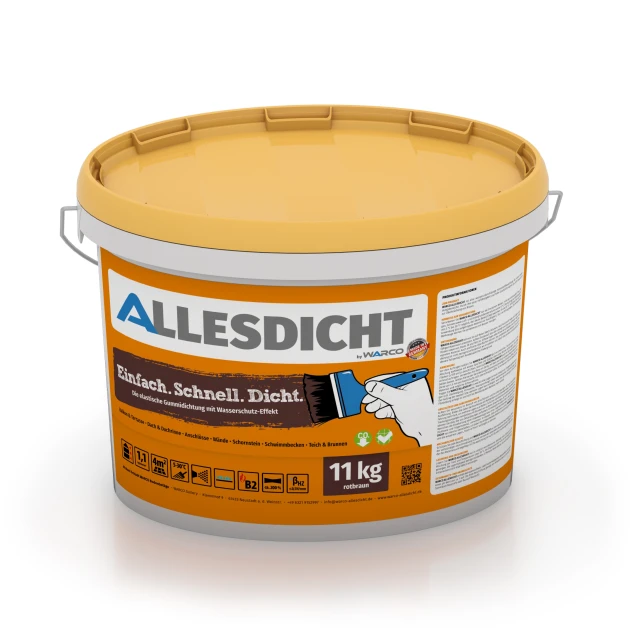 ALLESDICHT – Hydroizolacja von WARCO im Farbdesign Czerwonobrązowy mit den Abmessungen 11 kg | 3,3 m². Produktfoto von Artikel 0029 in der Aufsicht von schräg vorne.