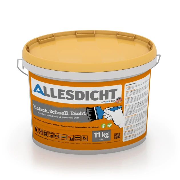 ALLESDICHT – Hydroizolacja von WARCO im Farbdesign Szary mit den Abmessungen 11 kg | 3,3 m². Produktfoto von Artikel 0030 in der Aufsicht von schräg vorne.