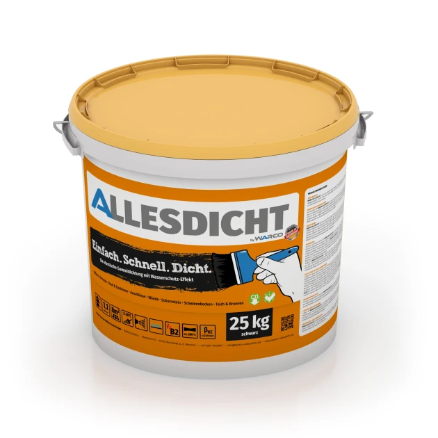 ALLESDICHT – Hydroizolacja von WARCO im Farbdesign Czarny mit den Abmessungen 25 kg | 7,6 m². Produktfoto von Artikel 0024 in der Aufsicht von schräg vorne.
