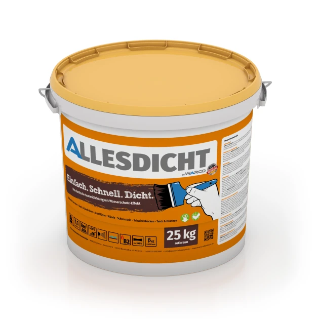ALLESDICHT – Hydroizolacja von WARCO im Farbdesign Czerwonobrązowy mit den Abmessungen 25 kg | 7,6 m². Produktfoto von Artikel 0025 in der Aufsicht von schräg vorne.
