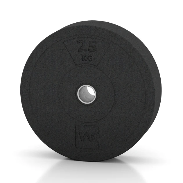 Bumper Plate Slim von WARCO im Farbdesign Antracyt mit den Abmessungen 25 kg | ø 45,4 x 11,38 cm. Produktfoto von Artikel 6090 in der Aufsicht von schräg vorne.