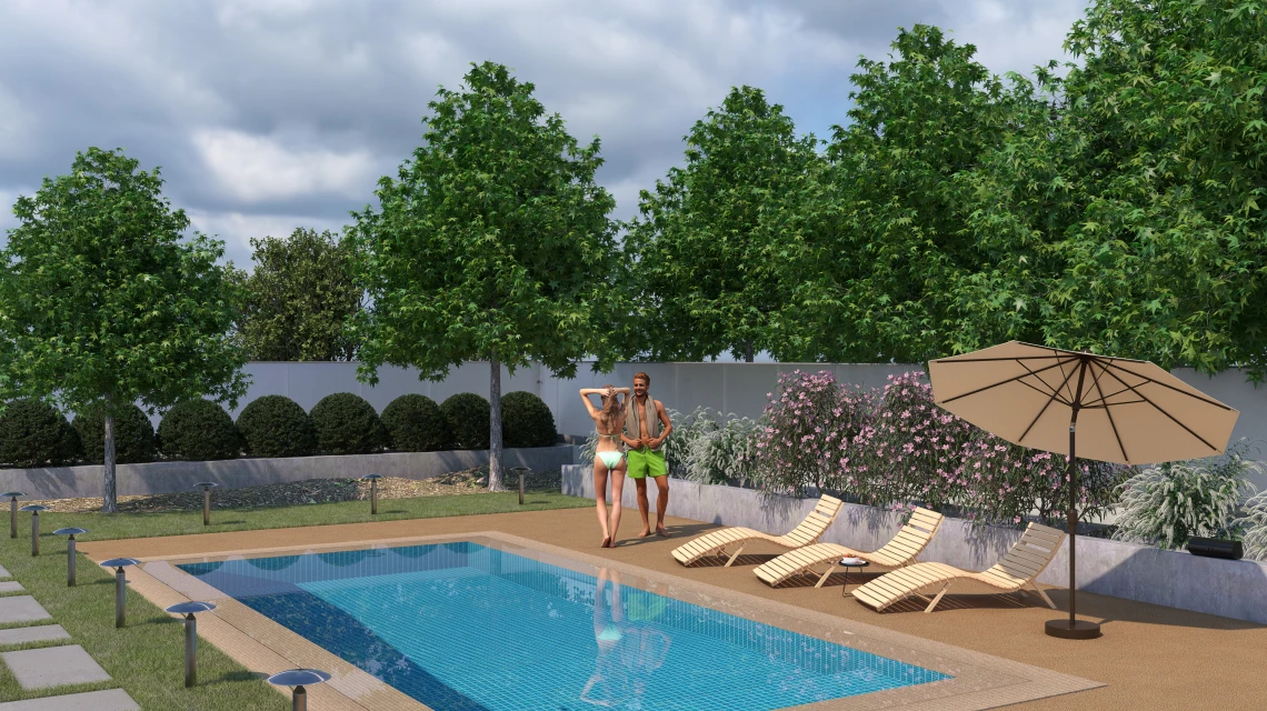 Beispielhafte Verlegung für den Artikel 5235 von WARCO - Płytka na obrzeża basenu bezfugowa, Farbton Rattan in der Abmessung 306 x 306 x 30 mm.