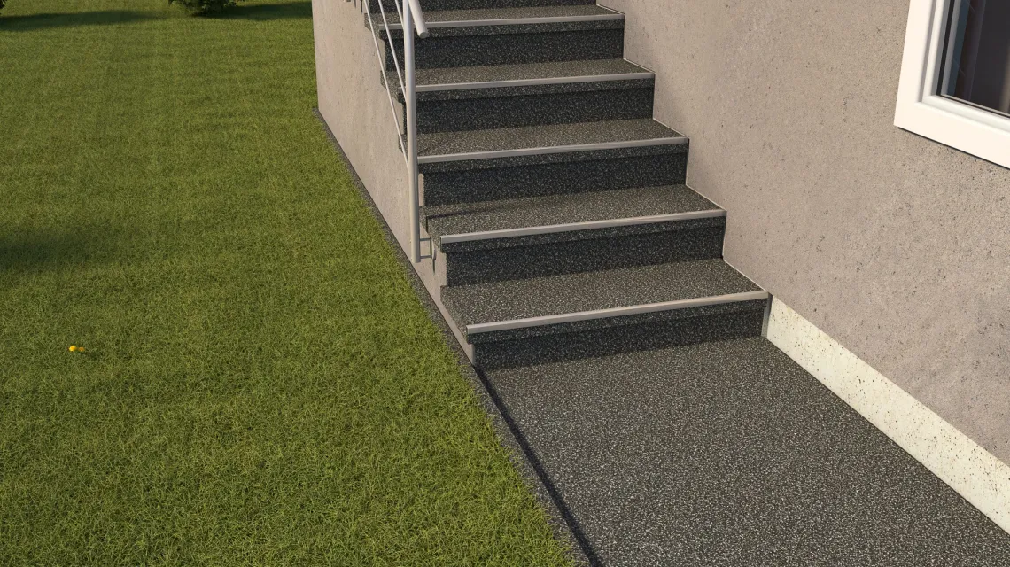 Beispielhafte Verlegung für den Artikel 5422 von WARCO - Płytka schodowa, Farbton Ciemny granit in der Abmessung 306 x 306 x 20 mm.