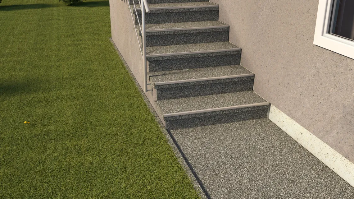 Beispielhafte Verlegung für den Artikel 5423 von WARCO - Płytka schodowa, Farbton Klasyczny granit in der Abmessung 306 x 306 x 20 mm.