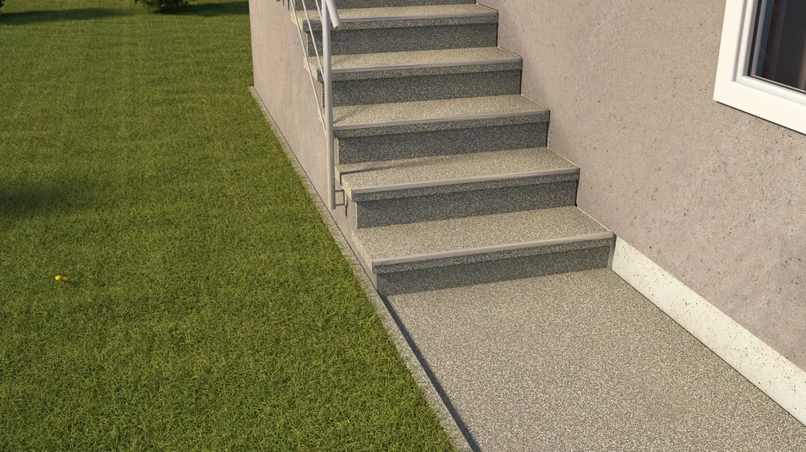 Beispielhafte Verlegung für den Artikel 5424 von WARCO - Płytka schodowa, Farbton Jasny granit in der Abmessung 306 x 306 x 20 mm.
