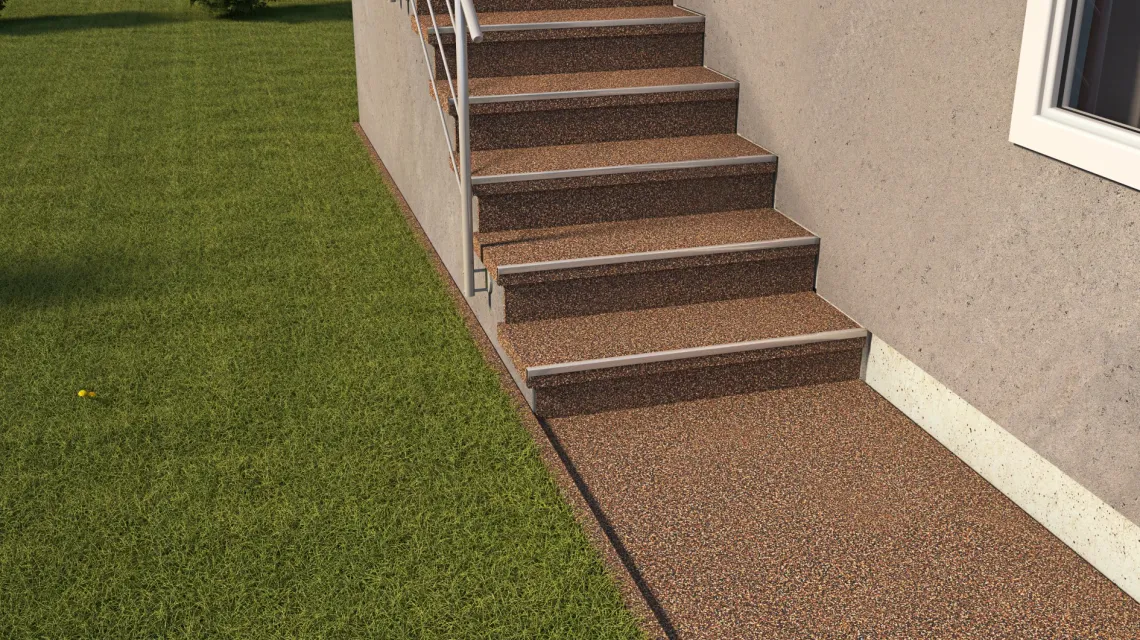 Beispielhafte Verlegung für den Artikel 5428 von WARCO - Płytka schodowa, Farbton Caffè latte in der Abmessung 306 x 306 x 20 mm.