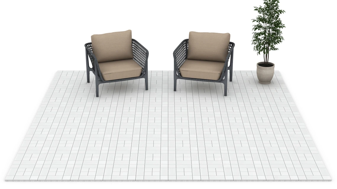 Beispielhafte Verlegung für den Artikel 6235 von WARCO - Wzór panelowy – Płytki tarasowe, Farbton Kreda in der Abmessung 38,5 x 38,5 x 2 cm.