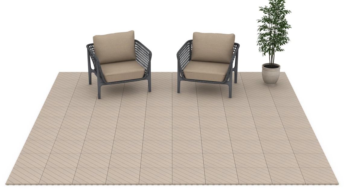 Beispielhafte Verlegung für den Artikel 6327 von WARCO - Jodełka – Płytki tarasowe, Farbton Wanilia in der Abmessung 38,5 x 38,5 x 2 cm.