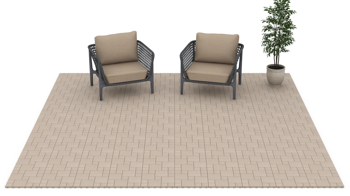 Beispielhafte Verlegung für den Artikel 6331 von WARCO - Wzór blokowy – Płytki tarasowe, Farbton Wanilia in der Abmessung 38,5 x 38,5 x 2 cm.