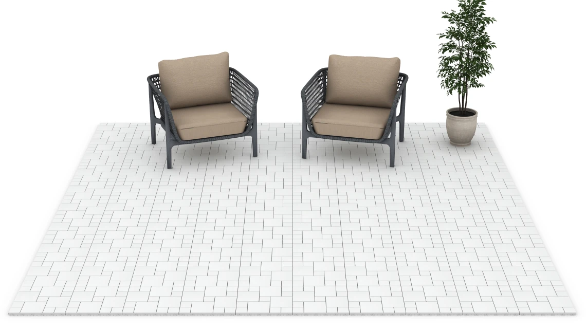 Beispielhafte Verlegung für den Artikel 6333 von WARCO - Wzór blokowy – Płytki tarasowe, Farbton Kreda in der Abmessung 38,5 x 38,5 x 2 cm.