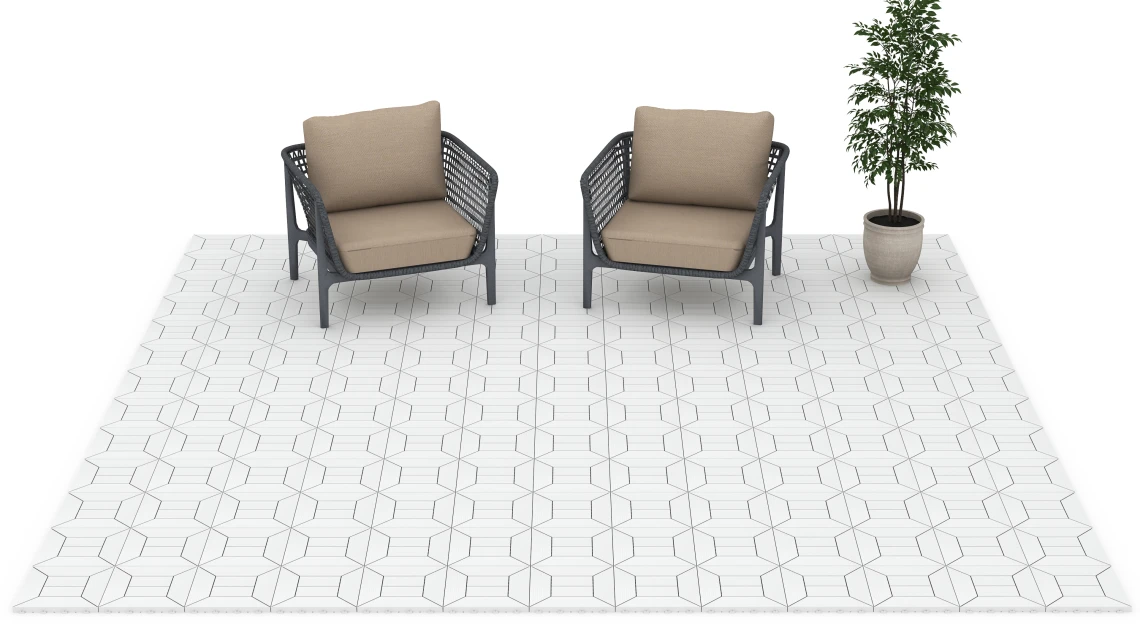 Beispielhafte Verlegung für den Artikel 6352 von WARCO - Wzór kasetonowy – Płytki tarasowe, Farbton Kreda in der Abmessung 30 x 30 x 2 cm.