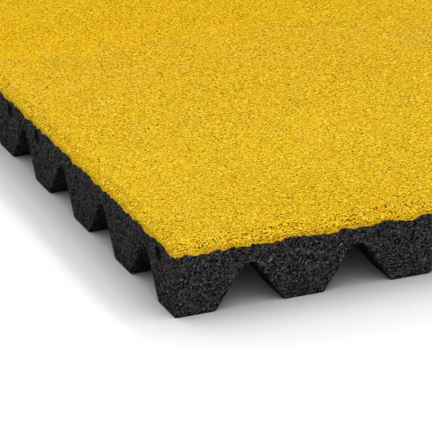 Detailaufnahme der Randausprägung von WARCO-Produkt 0636, Płyta gumowa na plac zabaw, Format 500 x 500 x 45 mm, Farbe Żółty cytrynowy.