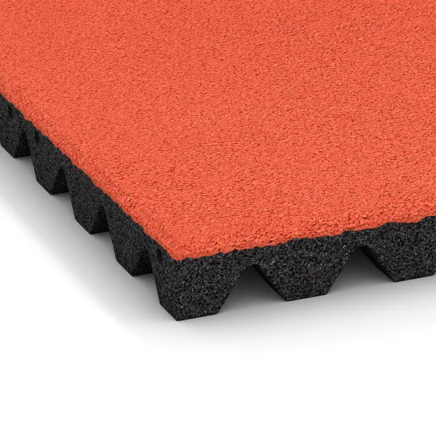 Detailaufnahme der Randausprägung von WARCO-Produkt 0638, Płyta gumowa na plac zabaw, Format 500 x 500 x 45 mm, Farbe Oranż.