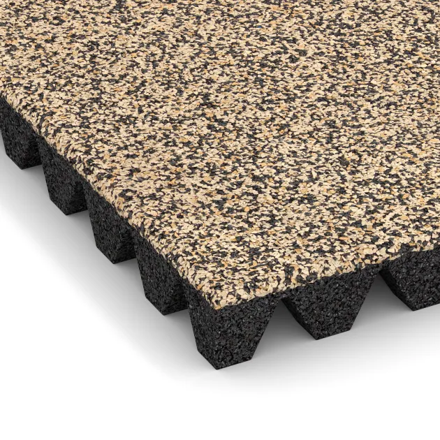 Detailaufnahme der Randausprägung von WARCO-Produkt 5582, Mata bezpieczeństwa na plac zabaw 5 cm - EN 1177 ≤ 145 cm, Format 500 x 500 x 50 mm, Farbe Trawertyn.