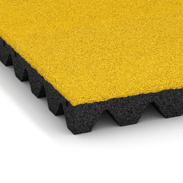 Detailaufnahme der Randausprägung von WARCO-Produkt 0686, Płyta gumowa na plac zabaw, Format 500 x 500 x 50 mm, Farbe Żółty cytrynowy.