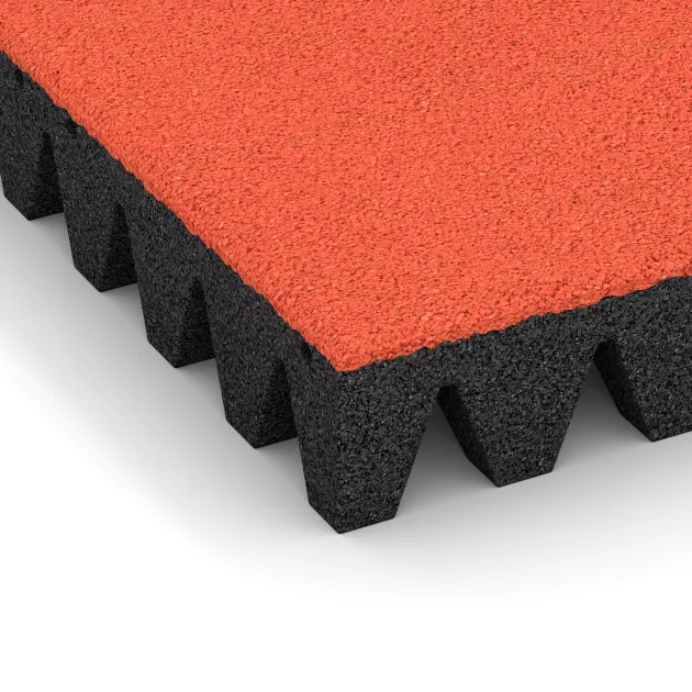 Detailaufnahme der Randausprägung von WARCO-Produkt 0724, Płyta gumowa na plac zabaw, Format 500 x 500 x 80 mm, Farbe Oranż.