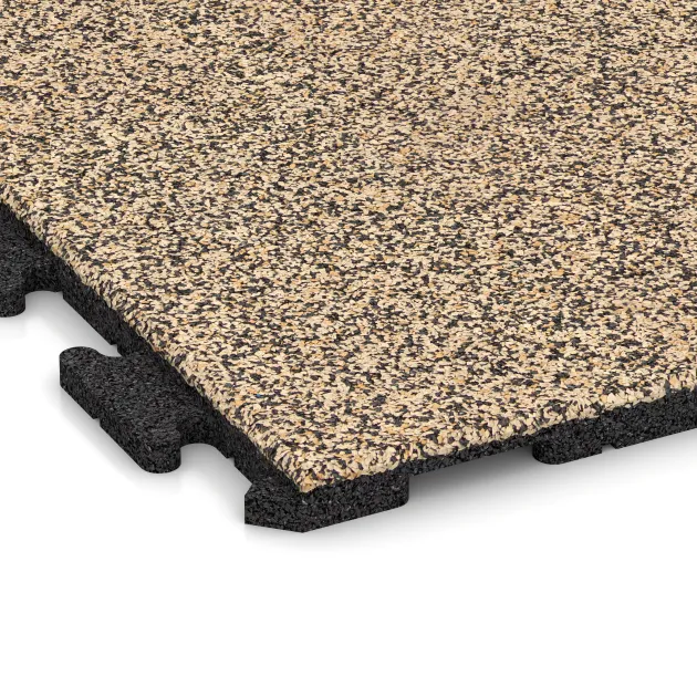 Detailaufnahme der Randausprägung von WARCO-Produkt 1606, Nawierzchnia Fitness Płyty Gumowe Classic, Format 1000 x 1000 x 30 mm, Farbe Trawertyn.