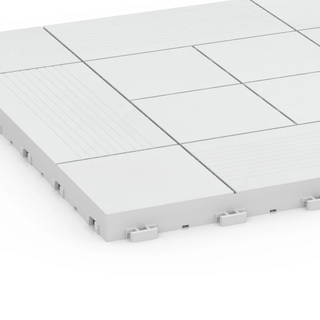 Detailaufnahme der Randausprägung von WARCO-Produkt 6235, Wzór panelowy – Płytki tarasowe, Format 38,5 x 38,5 x 2 cm, Farbe Kreda.