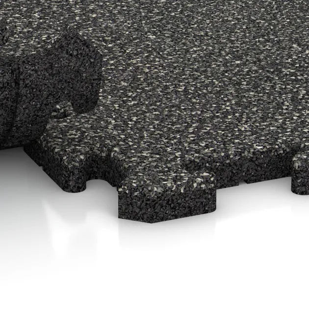 Großaufnahme vom Verbindungssystem von WARCO-Boden 3212 - Nawierzchnia na place zabaw im Farbdesign Ciemny granit. Abmessungen 1000 x 1000 x 30 mm.
