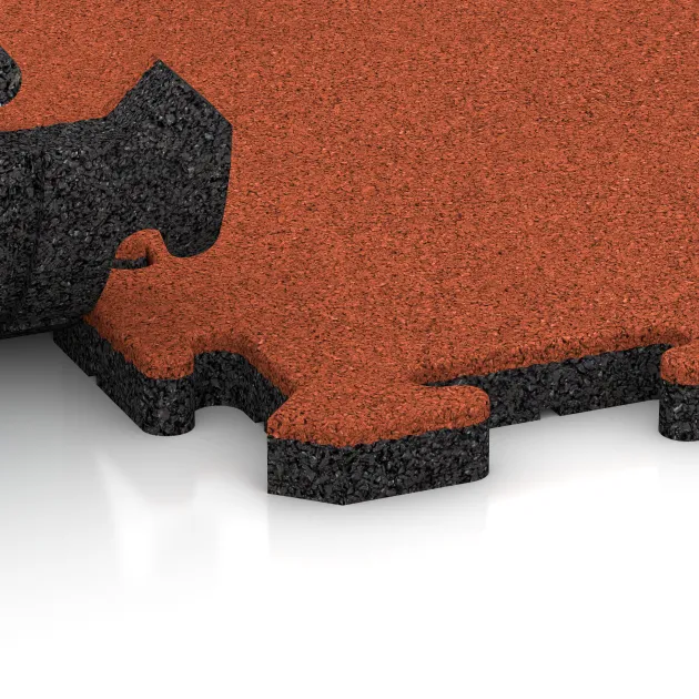 Großaufnahme vom Verbindungssystem von WARCO-Boden 5826 - Płyta podłogowa puzzle Indoor im Farbdesign Oranż. Abmessungen 1000 x 1000 x 30 mm.