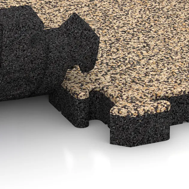 Großaufnahme vom Verbindungssystem von WARCO-Boden 4167 - Nawierzchnia sportowa z gumy HD im Farbdesign Trawertyn. Abmessungen 500 x 500 x 50 mm.