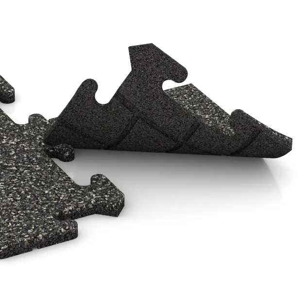 Großaufnahme vom Verbindungssystem von WARCO-Boden 4714 - Płyta narożna im Farbdesign Ciemny granit. Abmessungen 235 x 235 x 18 mm.