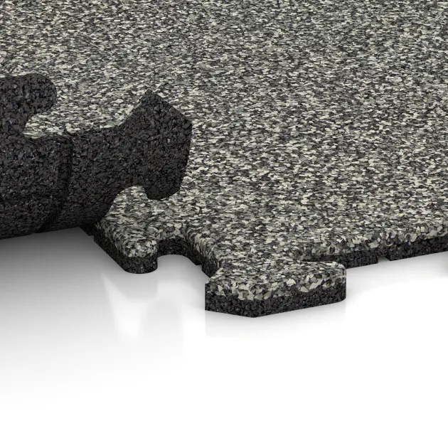 Großaufnahme vom Verbindungssystem von WARCO-Boden 4766 - Płyta narożna im Farbdesign Klasyczny granit. Abmessungen 485 x 485 x 18 mm.