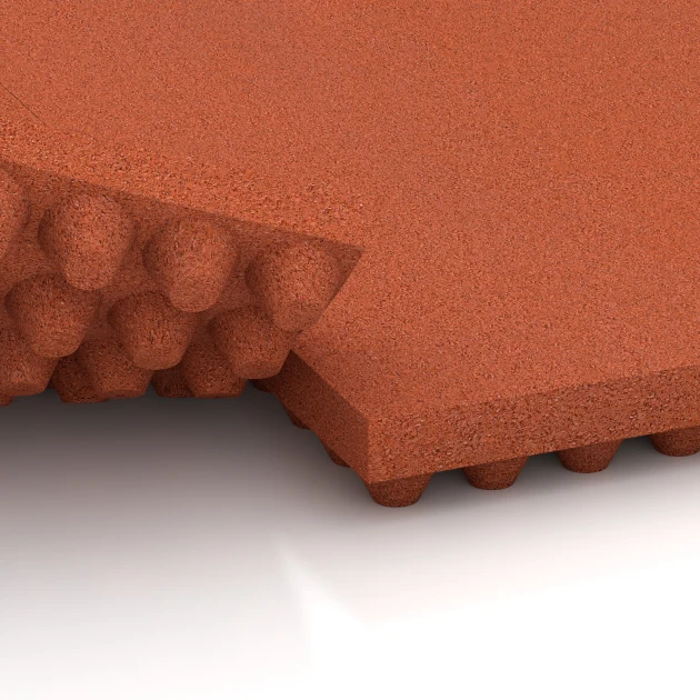 Großaufnahme vom Verbindungssystem von WARCO-Boden 3644 - Luksusowa mata gumowa do stajni im Farbdesign Czerwony ceglasty. Abmessungen 100 × 50 × 5,5 cm.