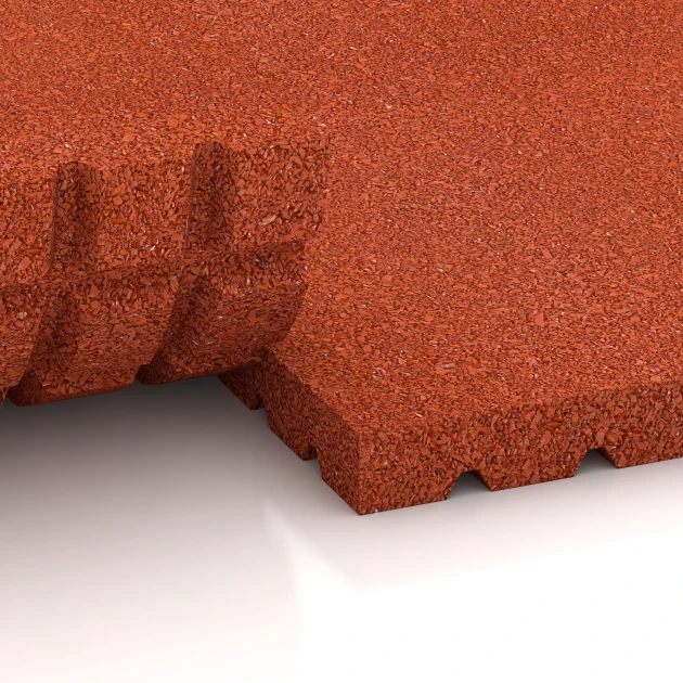 Großaufnahme vom Verbindungssystem von WARCO-Boden 3649 - Mata do boksów dla koni im Farbdesign Czerwony ceglasty. Abmessungen 100 × 100 × 4,3 cm.