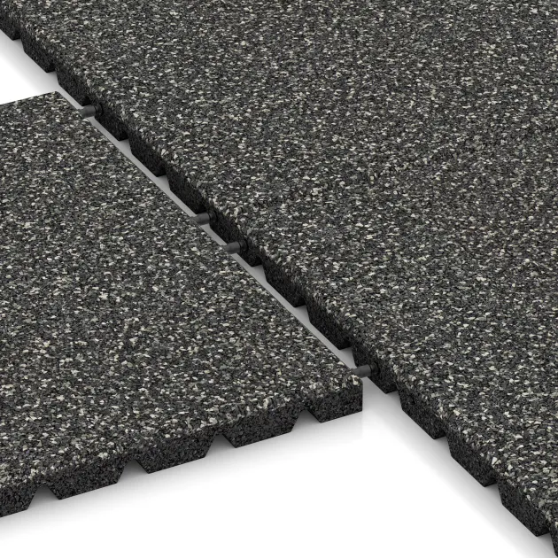 Großaufnahme vom Verbindungssystem von WARCO-Boden 5331 - Płyta gumowa na plac zabaw im Farbdesign Ciemny granit. Abmessungen 500 x 500 x 30 mm.