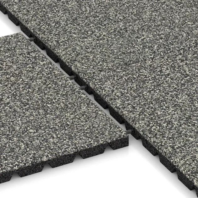 Großaufnahme vom Verbindungssystem von WARCO-Boden 5328 - Płyta gumowa na plac zabaw im Farbdesign Klasyczny granit. Abmessungen 500 x 500 x 30 mm.