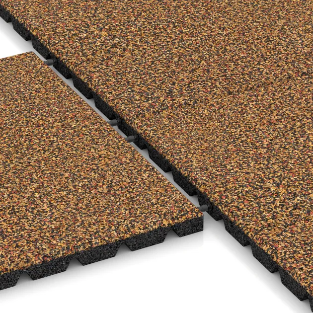 Großaufnahme vom Verbindungssystem von WARCO-Boden 5322 - Płyta gumowa na plac zabaw im Farbdesign Terakota. Abmessungen 500 x 500 x 30 mm.