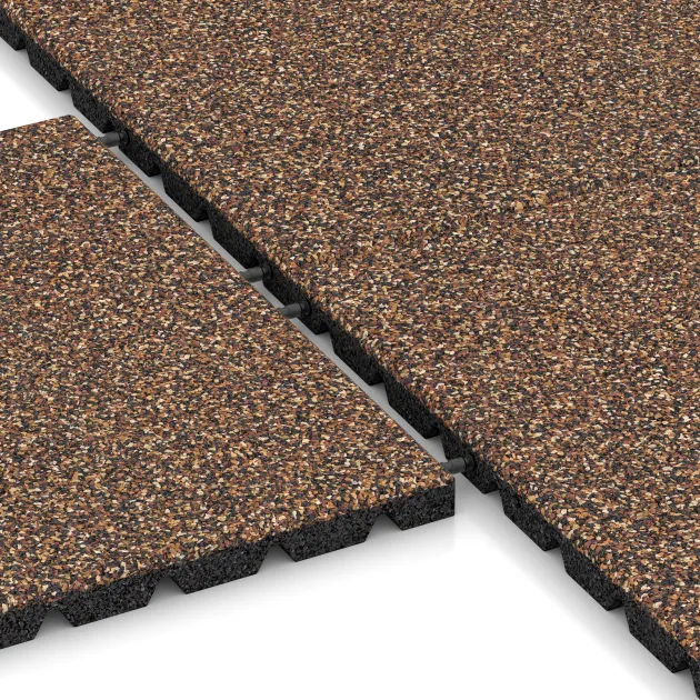 Großaufnahme vom Verbindungssystem von WARCO-Boden 5332 - Płyta gumowa na plac zabaw im Farbdesign Caffè latte. Abmessungen 500 x 500 x 30 mm.