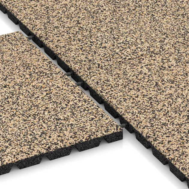Großaufnahme vom Verbindungssystem von WARCO-Boden 5321 - Płyta gumowa na plac zabaw im Farbdesign Trawertyn. Abmessungen 500 x 500 x 30 mm.