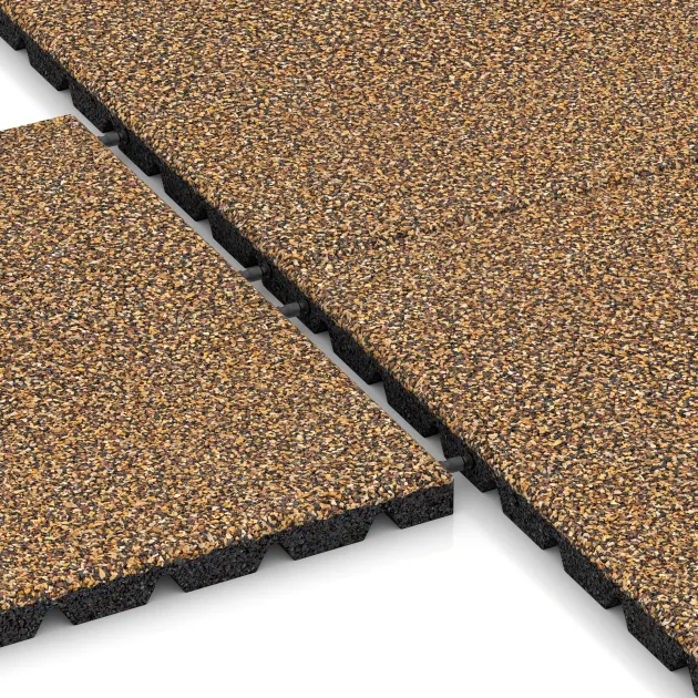 Großaufnahme vom Verbindungssystem von WARCO-Boden 5324 - Płyta gumowa na plac zabaw im Farbdesign Maroko. Abmessungen 500 x 500 x 30 mm.