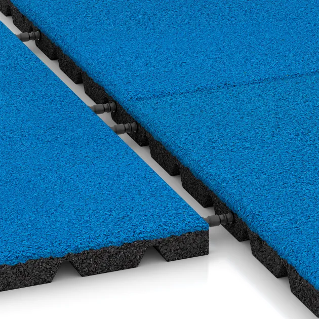 Großaufnahme vom Verbindungssystem von WARCO-Boden 0541 - Płyta gumowa na plac zabaw im Farbdesign Błękitny lazurowy. Abmessungen 500 x 500 x 30 mm.