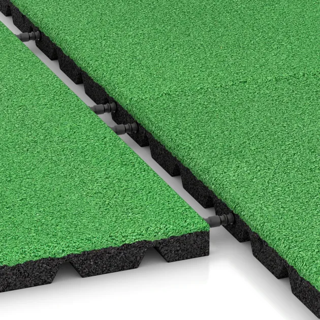 Großaufnahme vom Verbindungssystem von WARCO-Boden 0545 - Płyta gumowa na plac zabaw im Farbdesign Majowa zieleń. Abmessungen 500 x 500 x 30 mm.