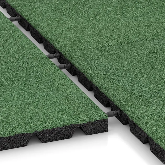 Großaufnahme vom Verbindungssystem von WARCO-Boden 0547 - Płyta gumowa na plac zabaw im Farbdesign Blady zielony. Abmessungen 500 x 500 x 30 mm.