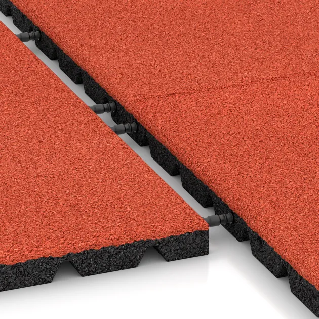 Großaufnahme vom Verbindungssystem von WARCO-Boden 0548 - Płyta gumowa na plac zabaw im Farbdesign Oranż. Abmessungen 500 x 500 x 30 mm.