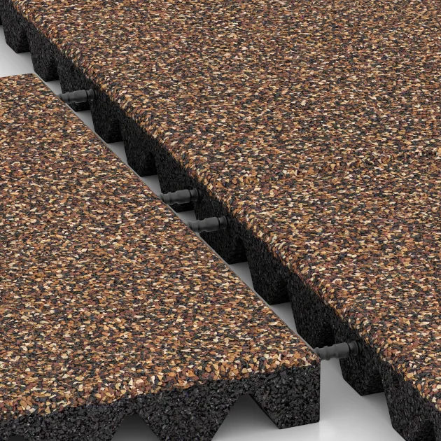 Großaufnahme vom Verbindungssystem von WARCO-Boden 0645 - Płyta gumowa na plac zabaw im Farbdesign Caffè latte. Abmessungen 500 x 500 x 45 mm.