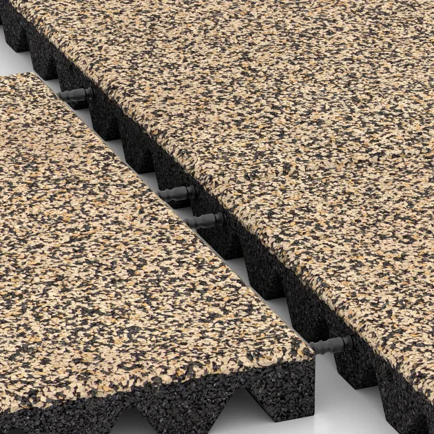 Großaufnahme vom Verbindungssystem von WARCO-Boden 0648 - Płyta gumowa na plac zabaw im Farbdesign Trawertyn. Abmessungen 500 x 500 x 45 mm.